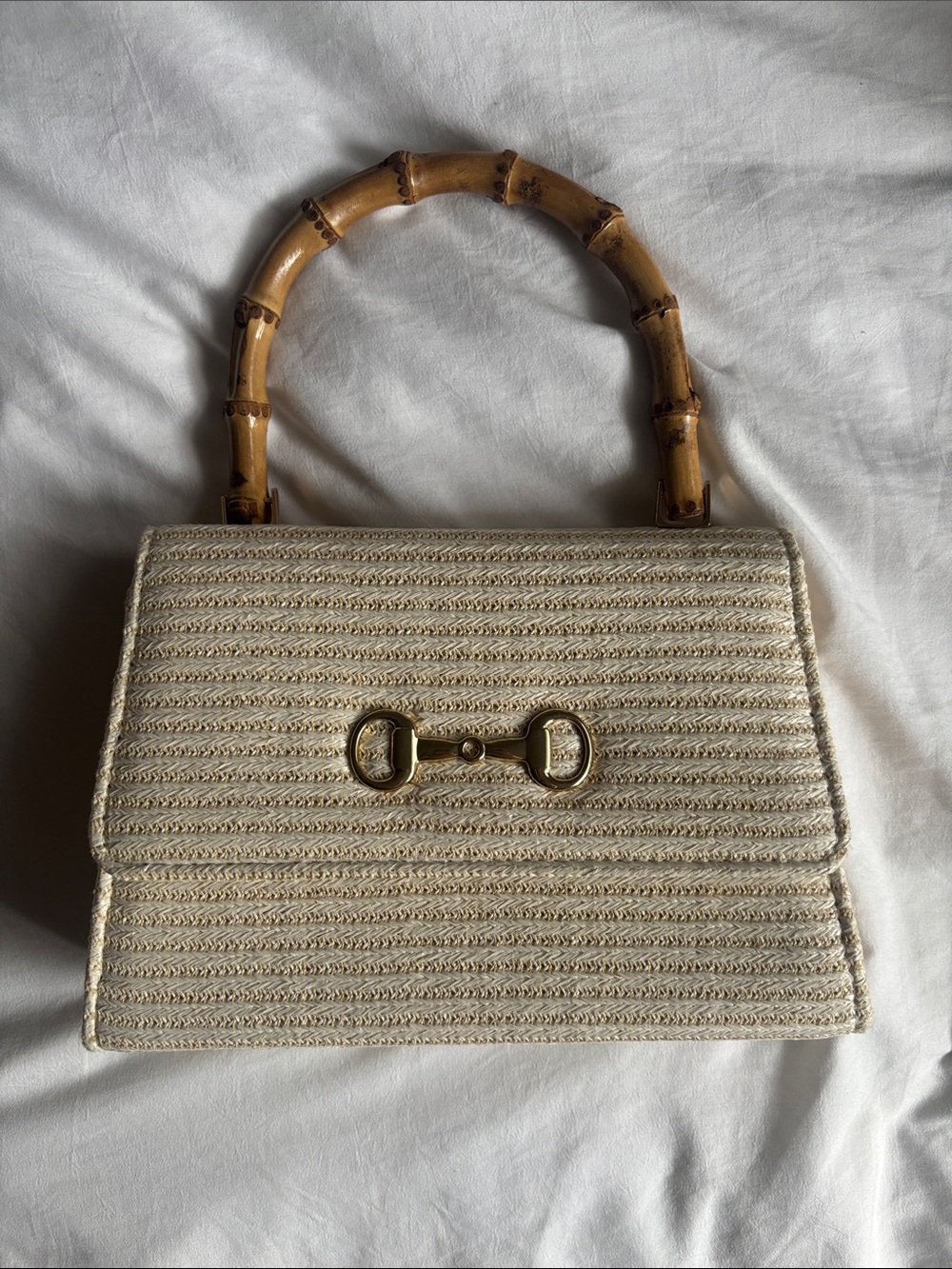 Woven Cream Bamboo Handle Top Bag